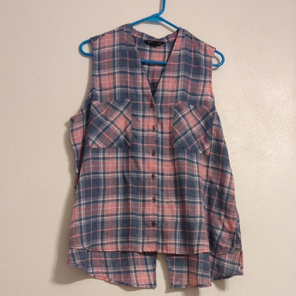 Rock & Republic Plaid Sleeveless Button-Up Top XL